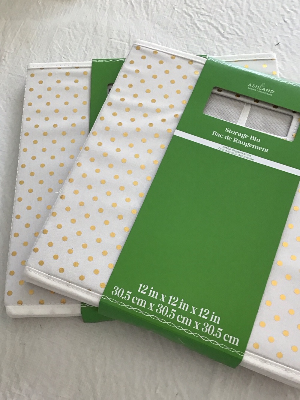 Two Ashland White Fabric Storage Bins with Gold Polka Dots